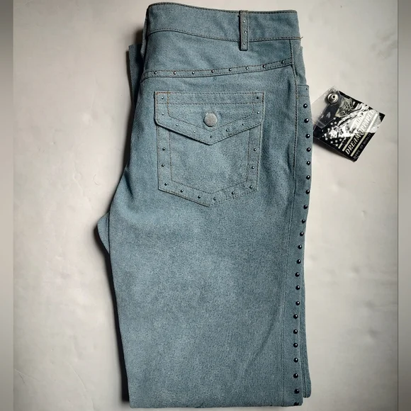 USA Bikers Dream Apparel Leather Blue Studded Pockets Boot Cut Pants Women's 14